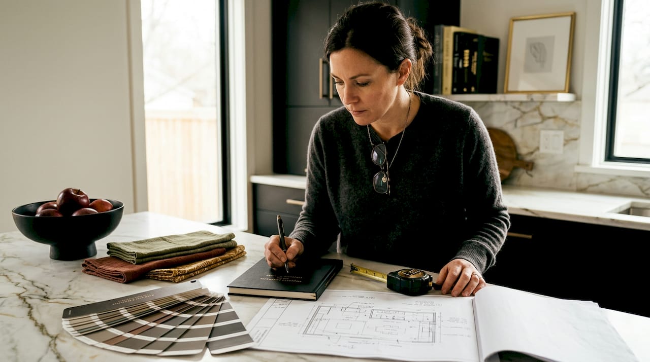 Planning home kitchen renovation with blueprints