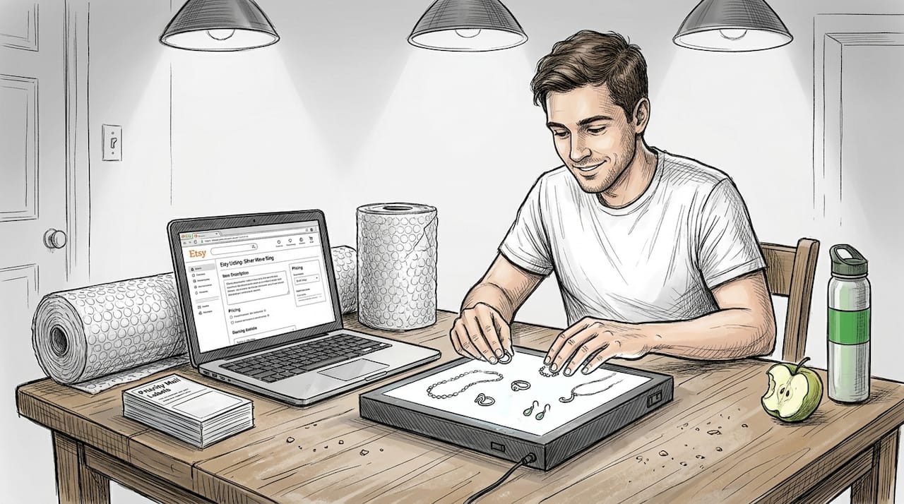 Seller staging product photography at kitchen table