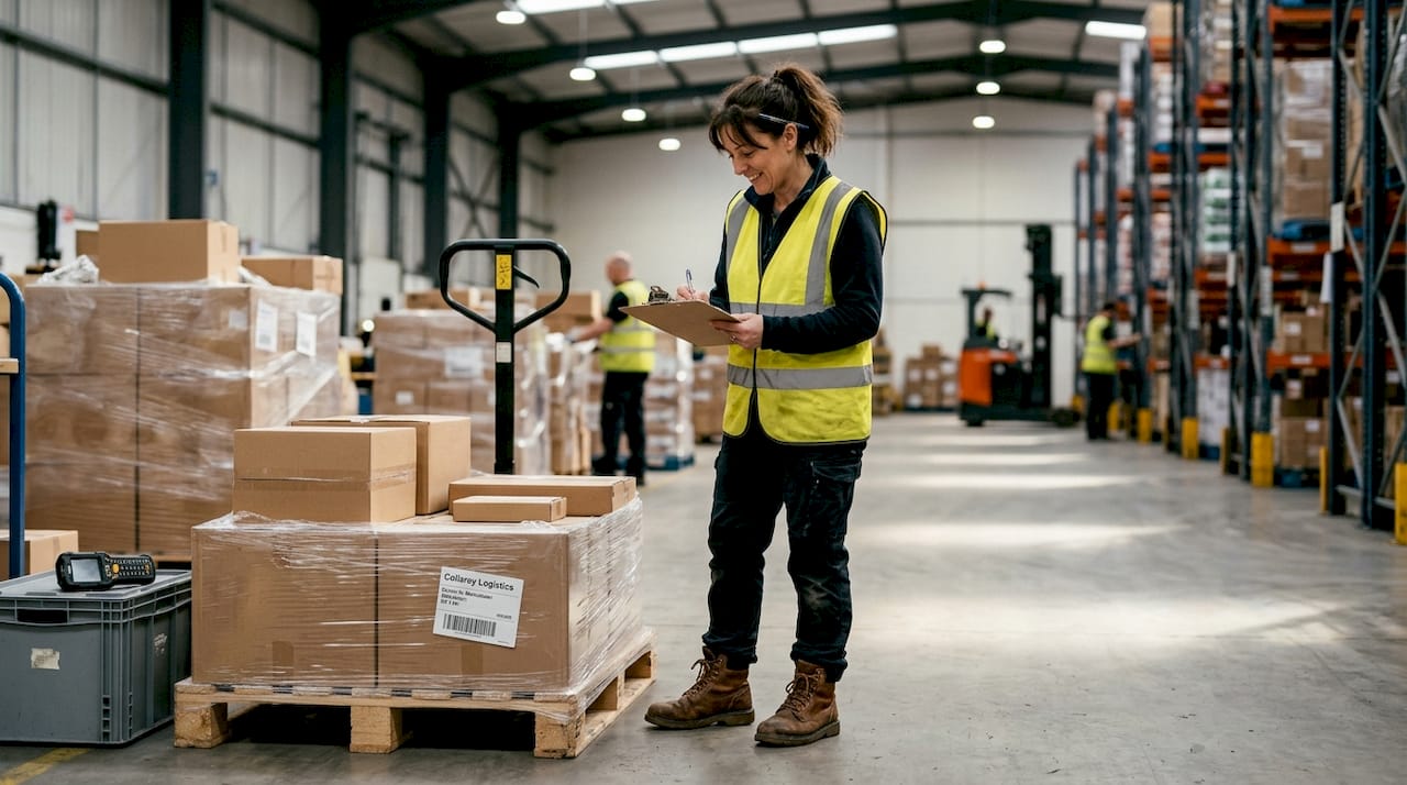 Warehouse worker checking FBA shipment at receiving