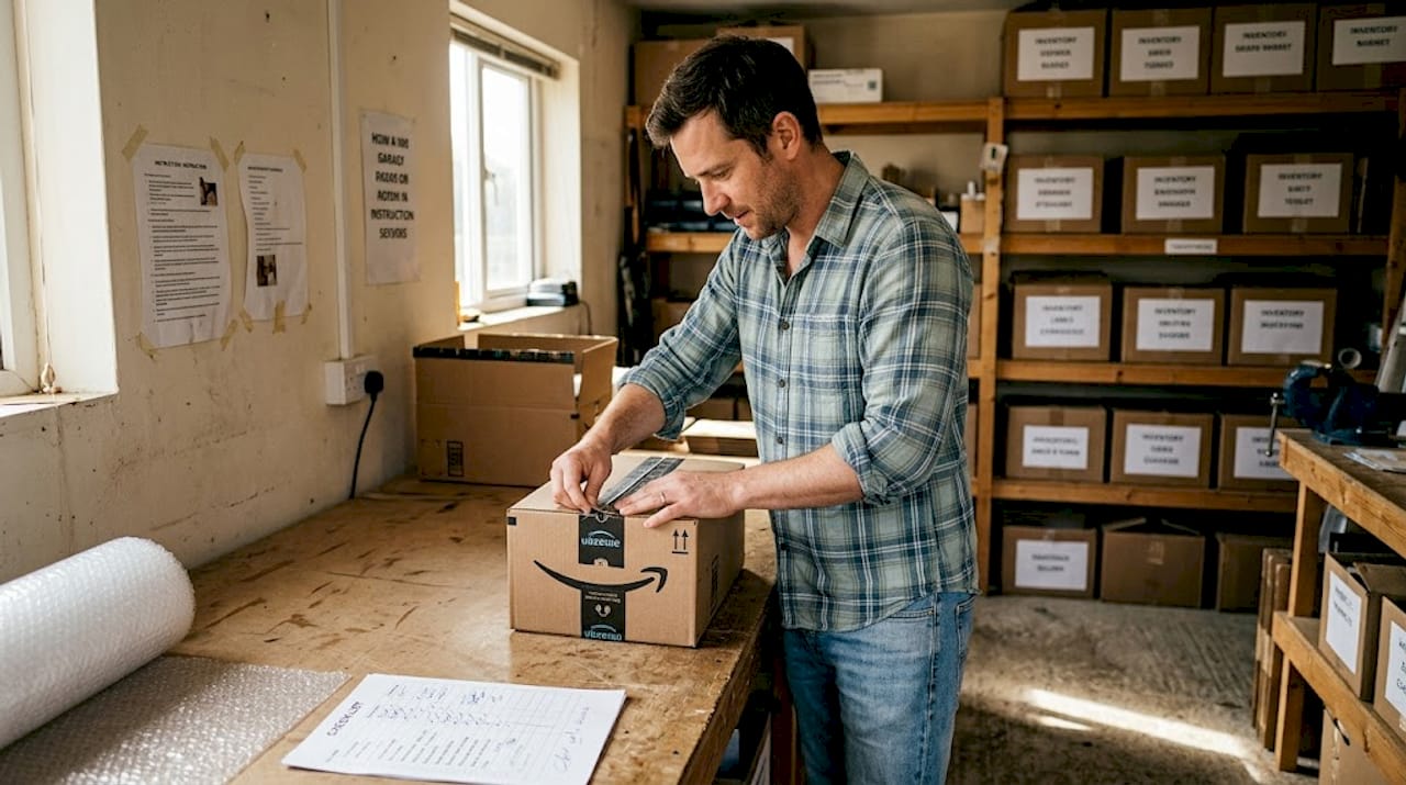 Seller preparing inventory at packing table for FBA