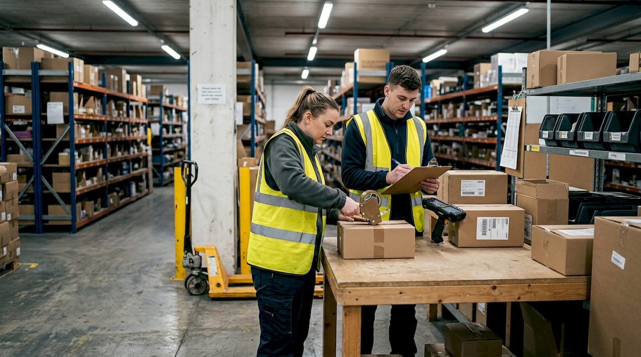 Warehouse staff prepping Amazon FBA shipments