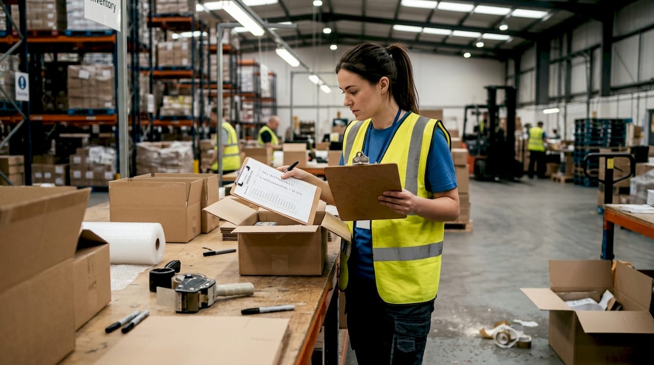 Warehouse worker checks FBA inventory at station