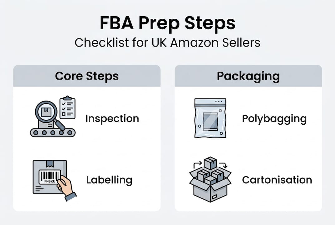 Infographic showing core FBA prep steps and packaging