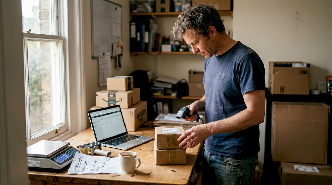 Small business owner preparing Amazon shipment boxes