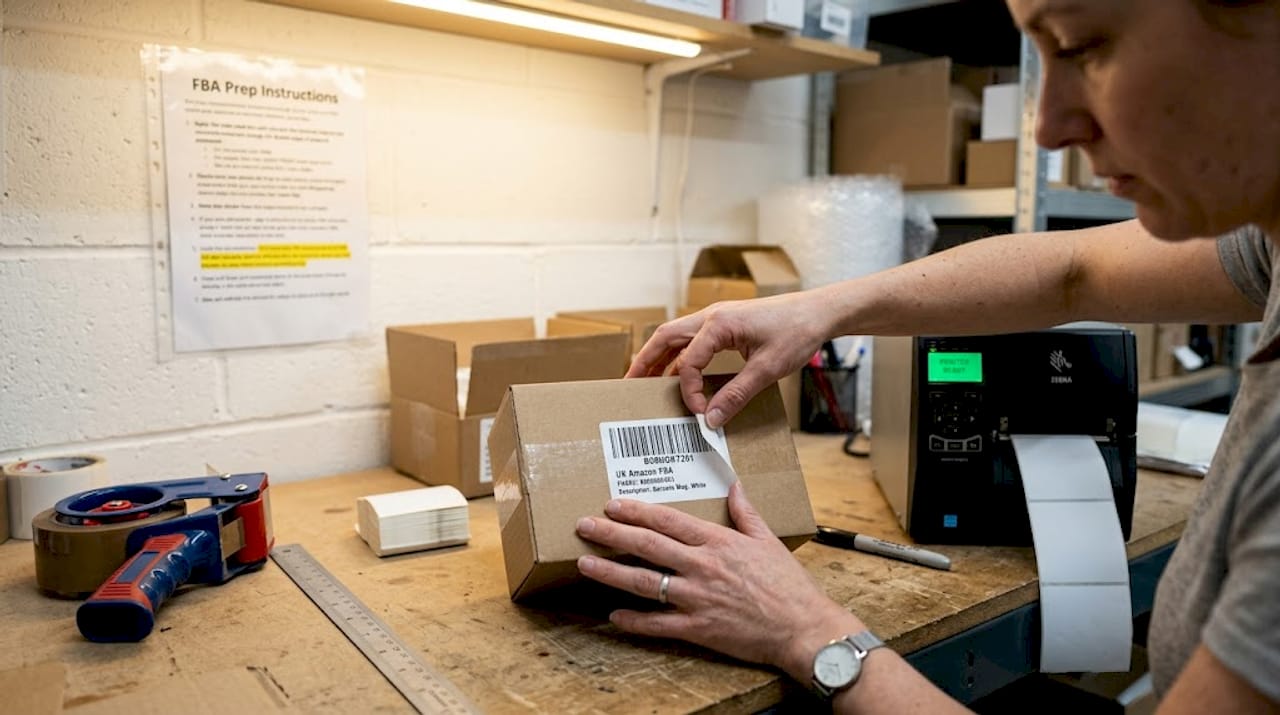 Hands applying FNSKU label to shipping box
