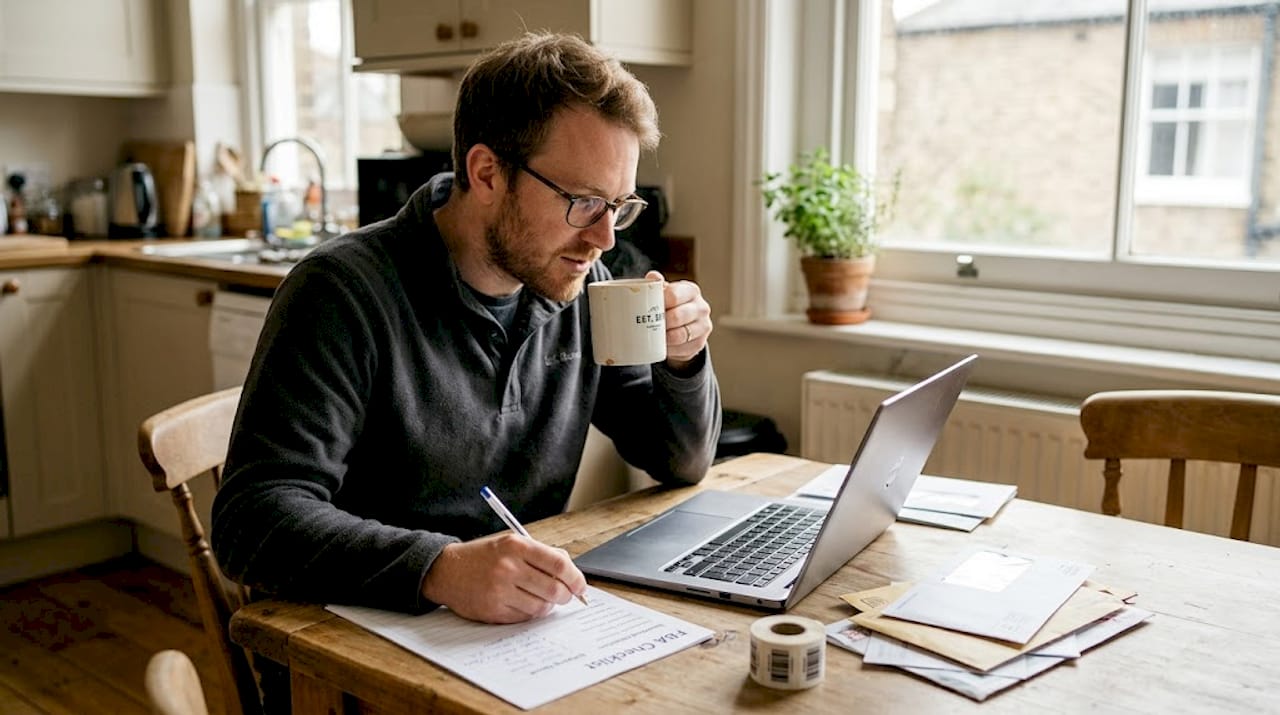Amazon seller reviewing FBA checklist at kitchen table