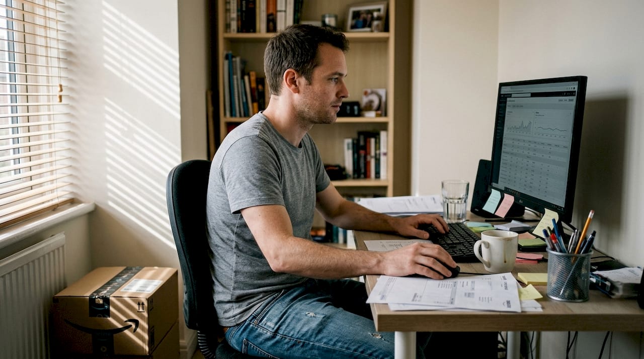 Amazon seller working at cluttered home office desk