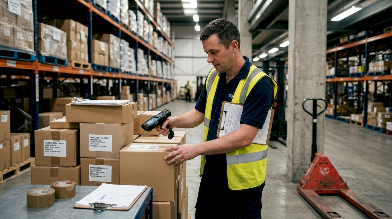 Warehouse worker scanning boxes for FBA logistics