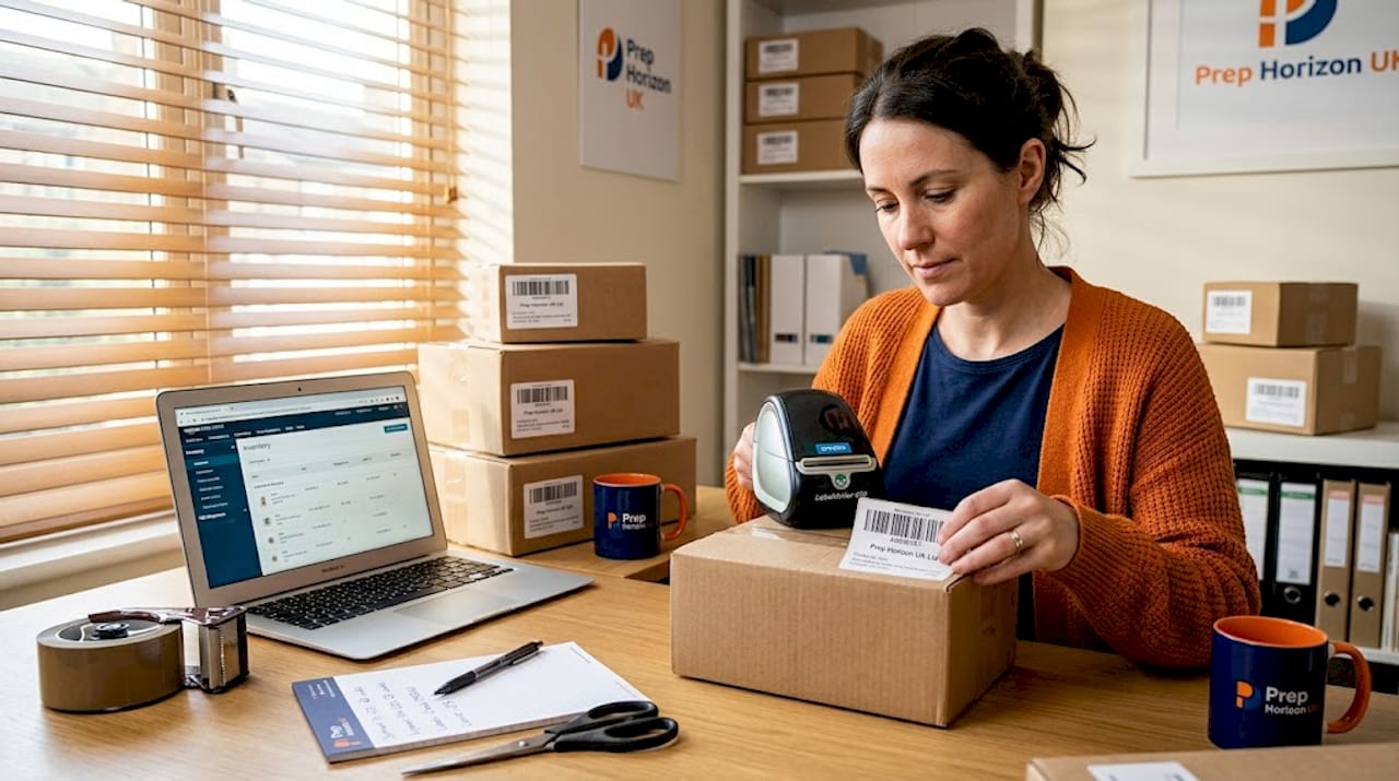 Amazon seller labelling box in home office