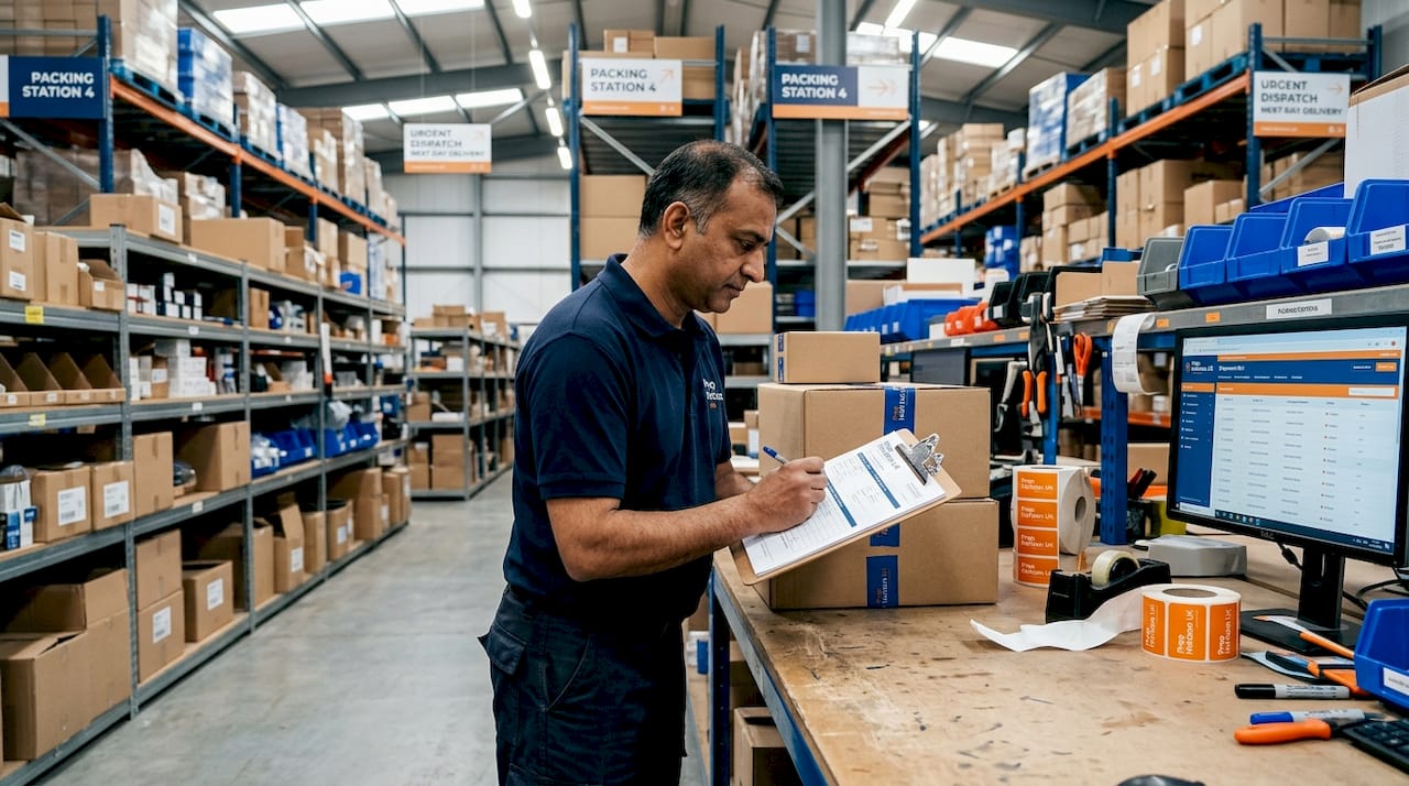 Warehouse worker checking deliveries in busy prep area