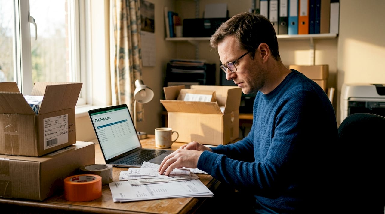 Seller reviewing FBA prep costs at desk