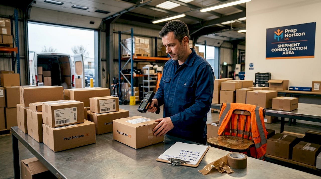 Technician consolidating shipments in warehouse