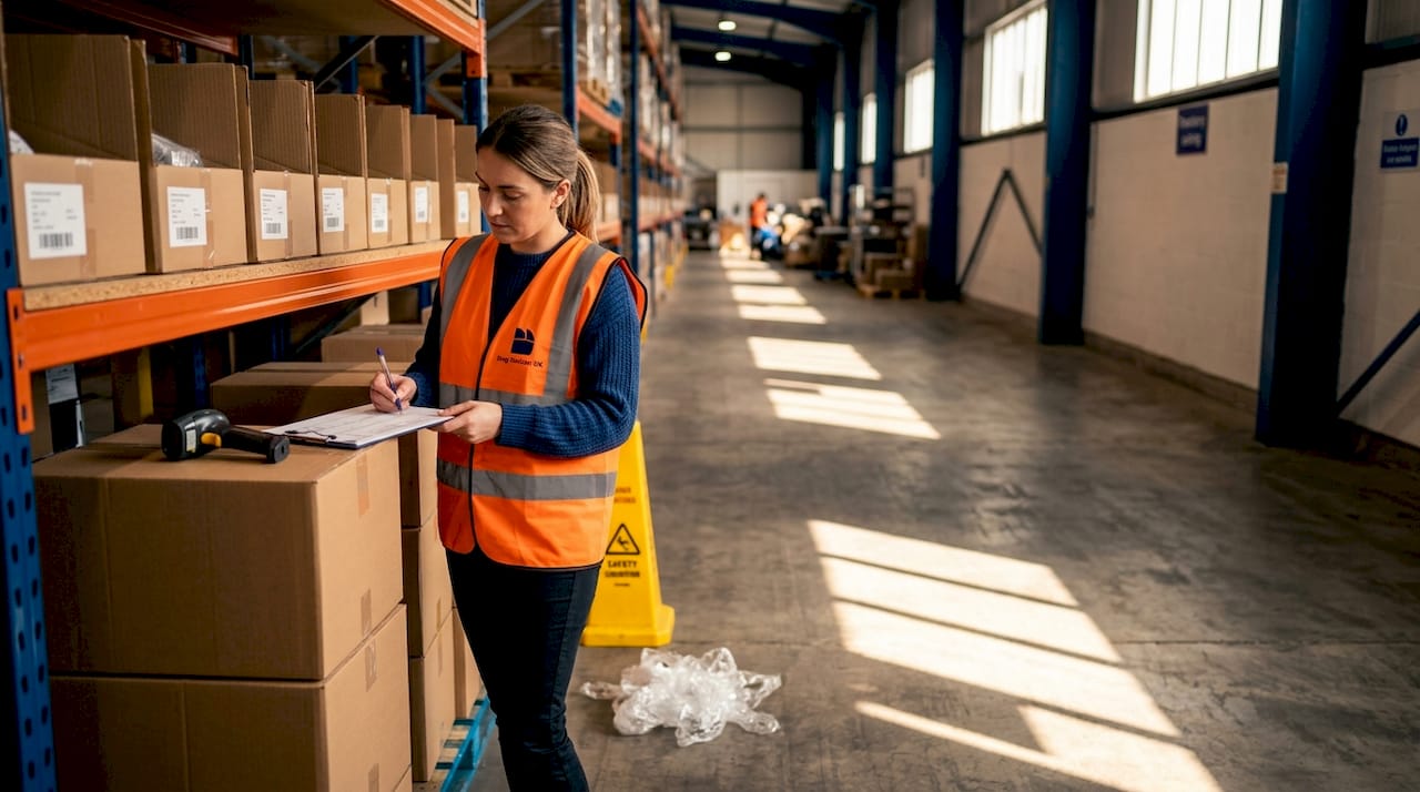 Manager checks inventory in UK prep centre