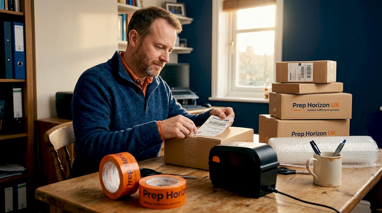 Seller labels products at home packing table