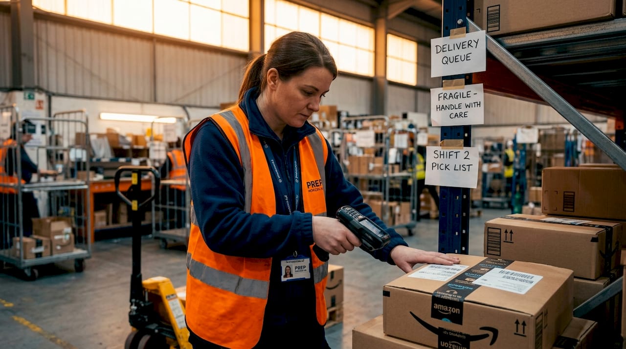Warehouse staff scans Amazon inventory boxes