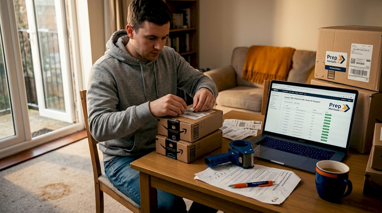 Seller preparing Amazon FBA inventory at home