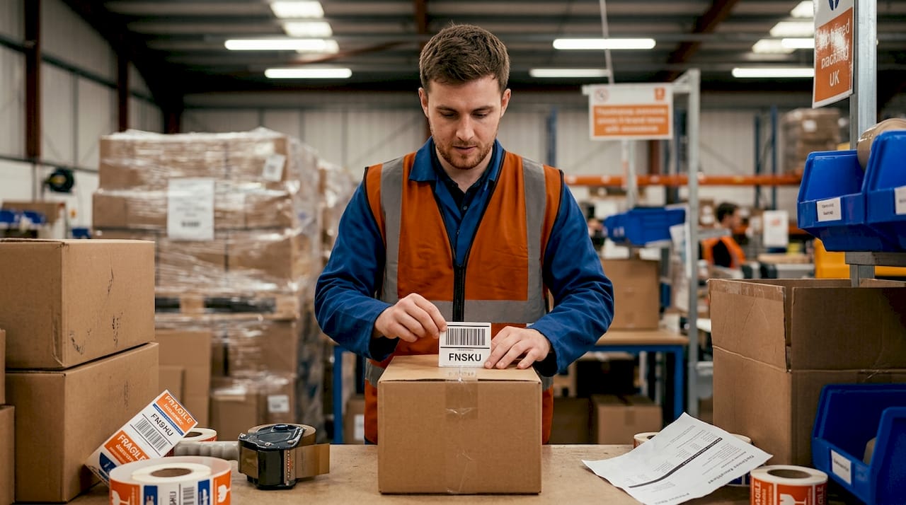 Warehouse worker applying labels to FBA boxes