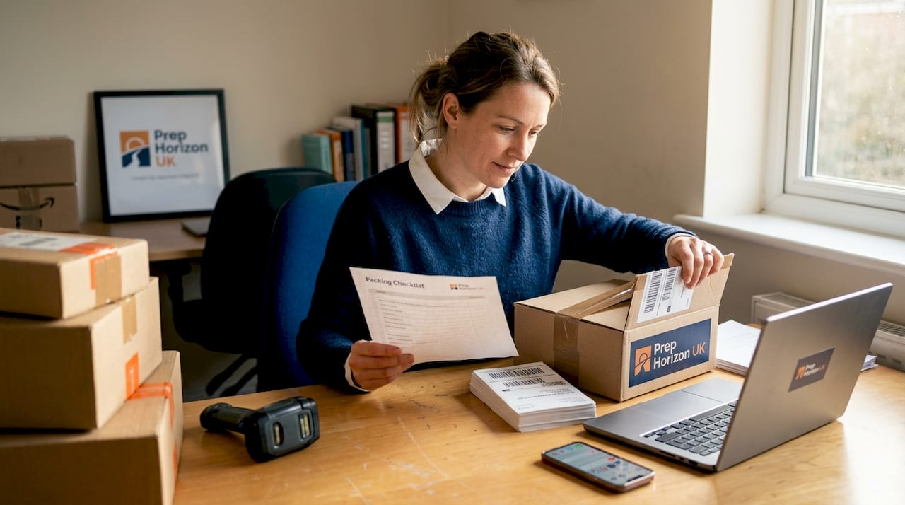 Woman preparing shipment labels at home office desk