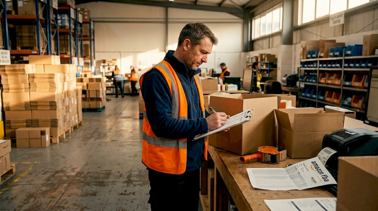 Warehouse manager checks inventory at packing table