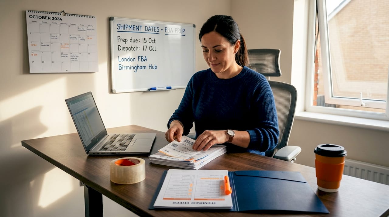 Logistics coordinator handling FBA prep paperwork