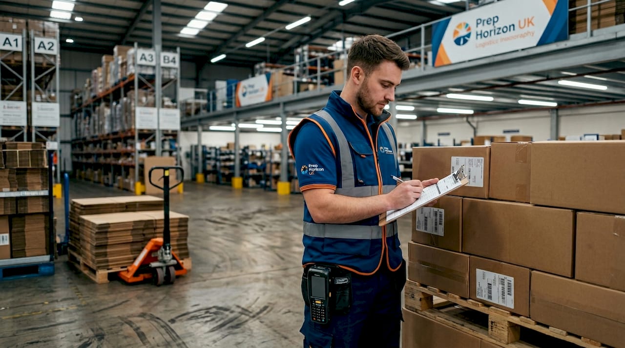 Warehouse worker checking FBA box labels