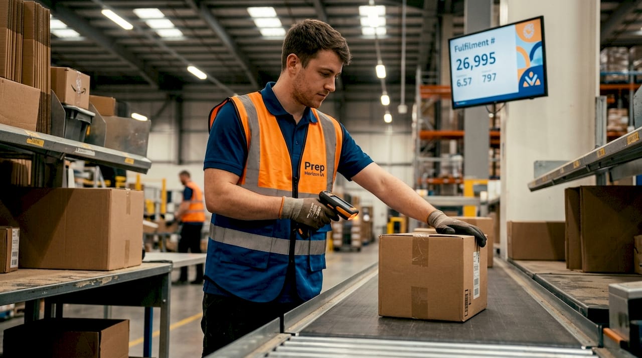 Worker packing Amazon item for shipment