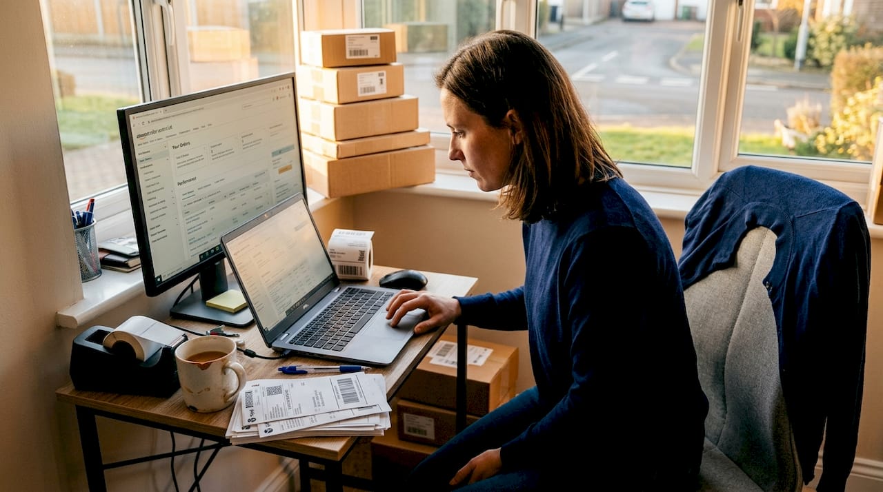 Amazon seller working at UK home office desk