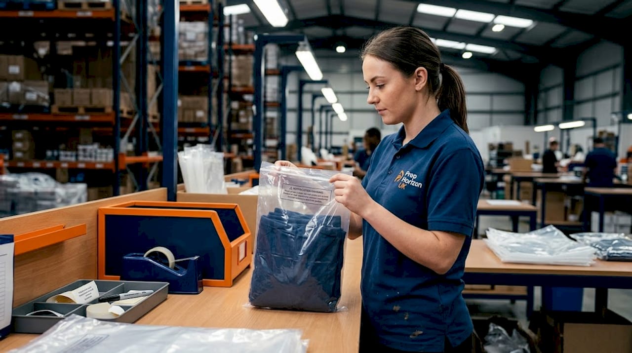 Packing staff inspecting polybag suffocation label