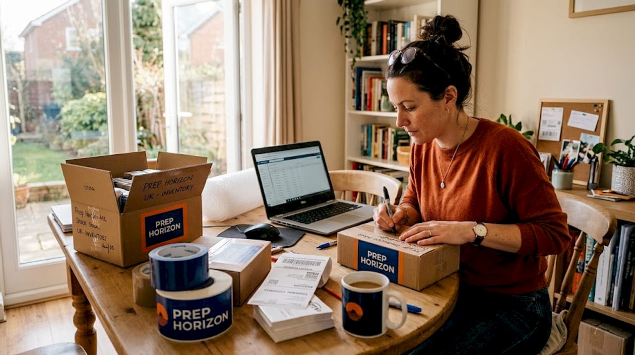 FBA seller updating inventory at home table