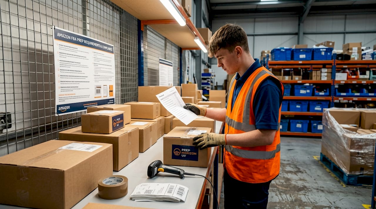 Warehouse worker inspecting FBA prep boxes