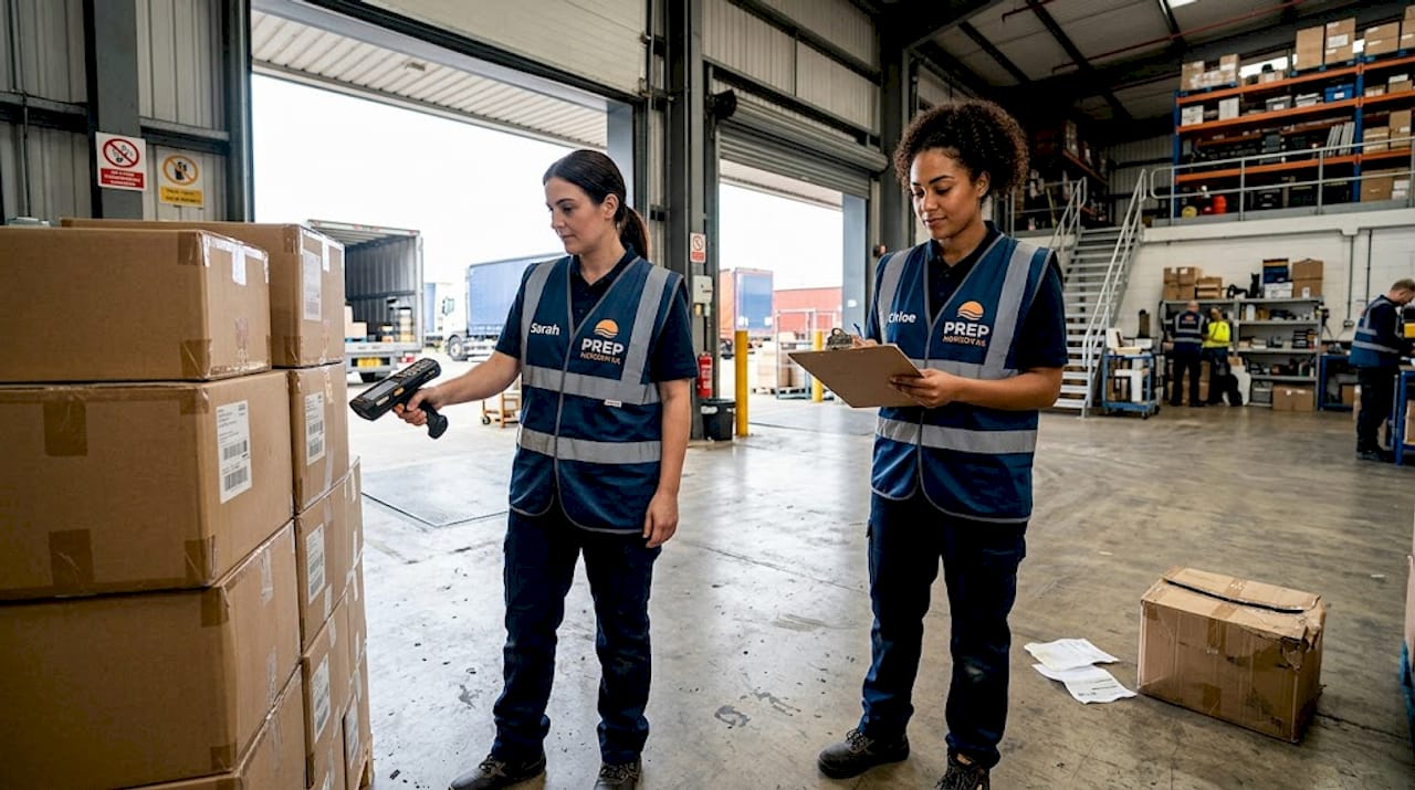 Warehouse team processing Amazon inbound shipment