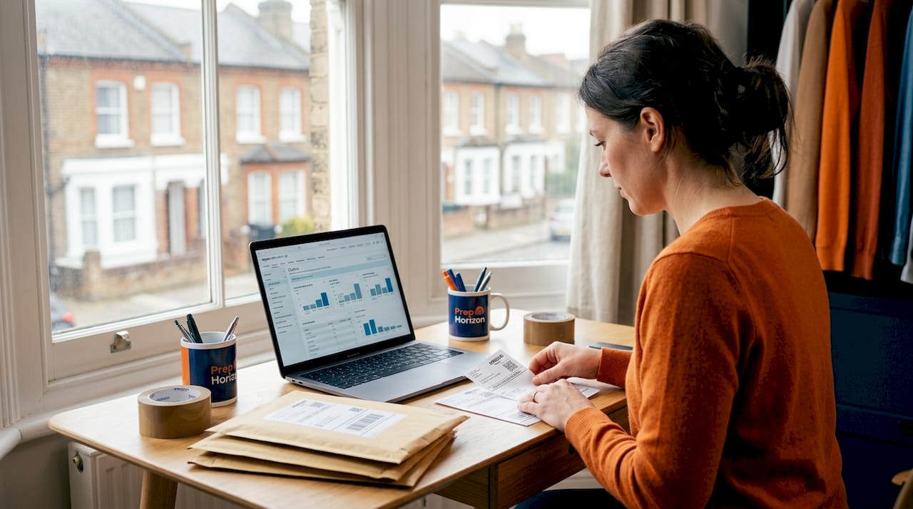 UK seller preparing Amazon parcels in home office
