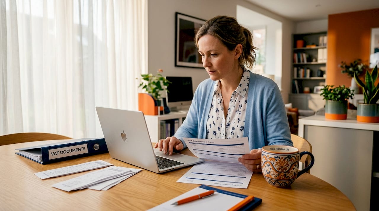 Business owner registering UK VAT at workspace