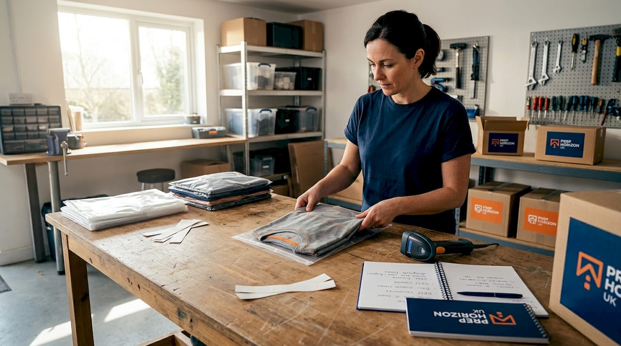 Worker packing clothing in clear polybags