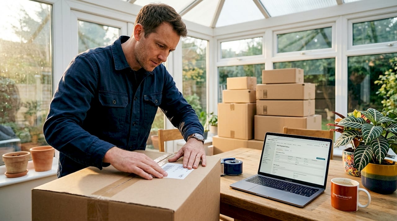 Seller packing boxes for Amazon FBA at home