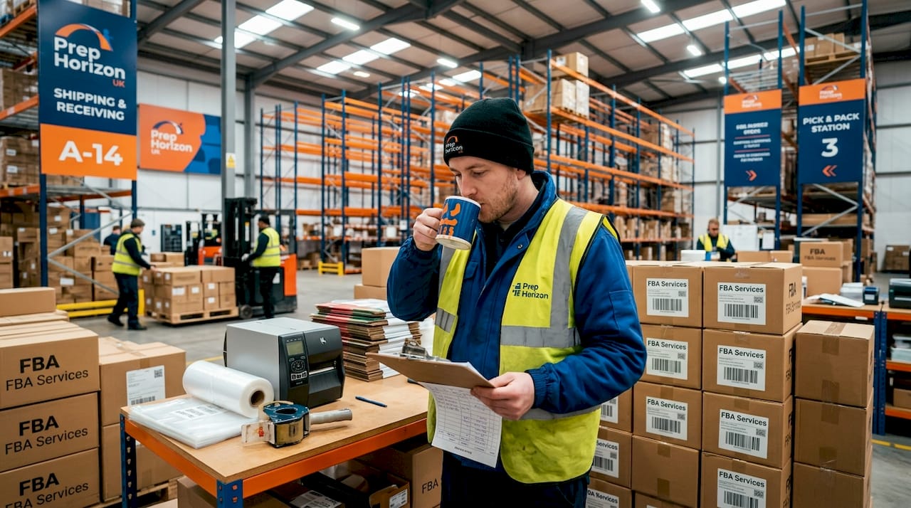 Warehouse coordinator checks Amazon FBA shipping manifest