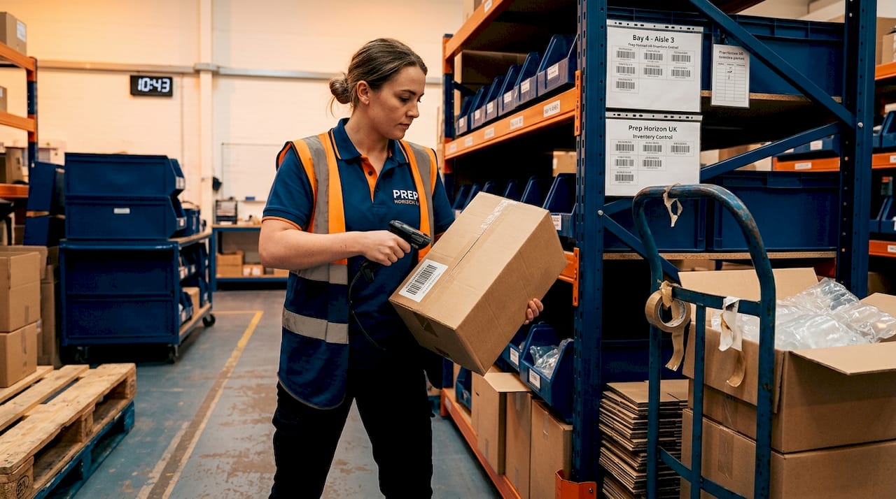 Worker processes inventory in prep centre storeroom