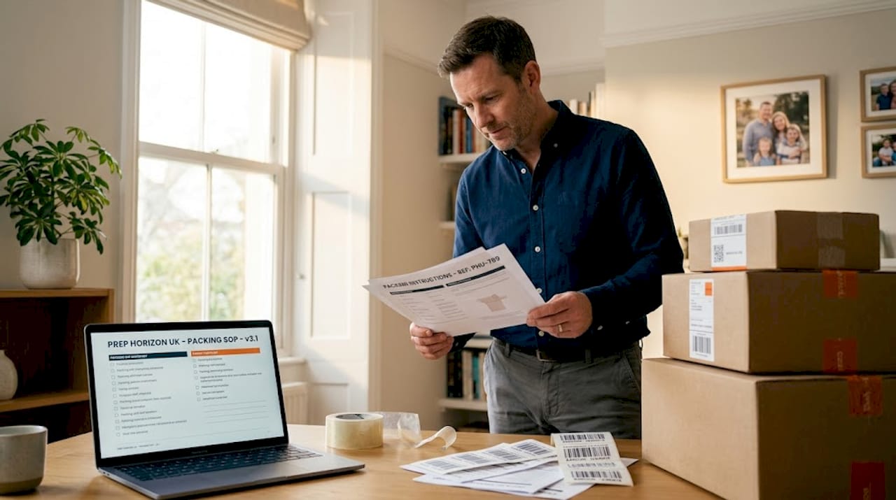 Man reviewing packing SOP with shipping materials