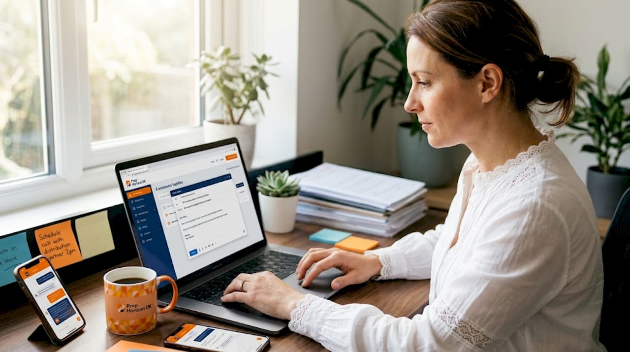 Seller writing email at home office desk