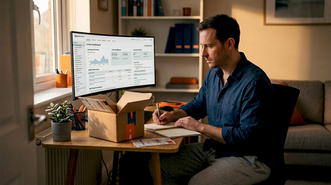 Seller checking Amazon inventory on home office computer