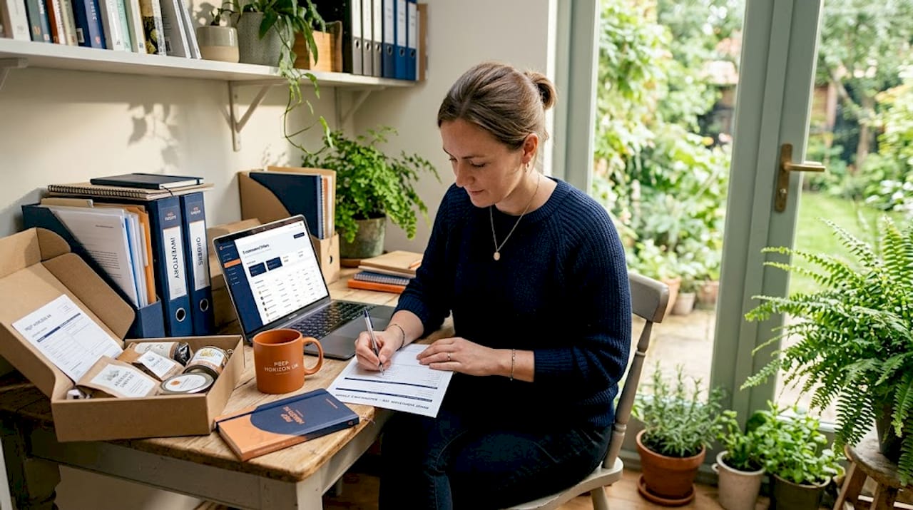 FBA seller preparing documents in home office