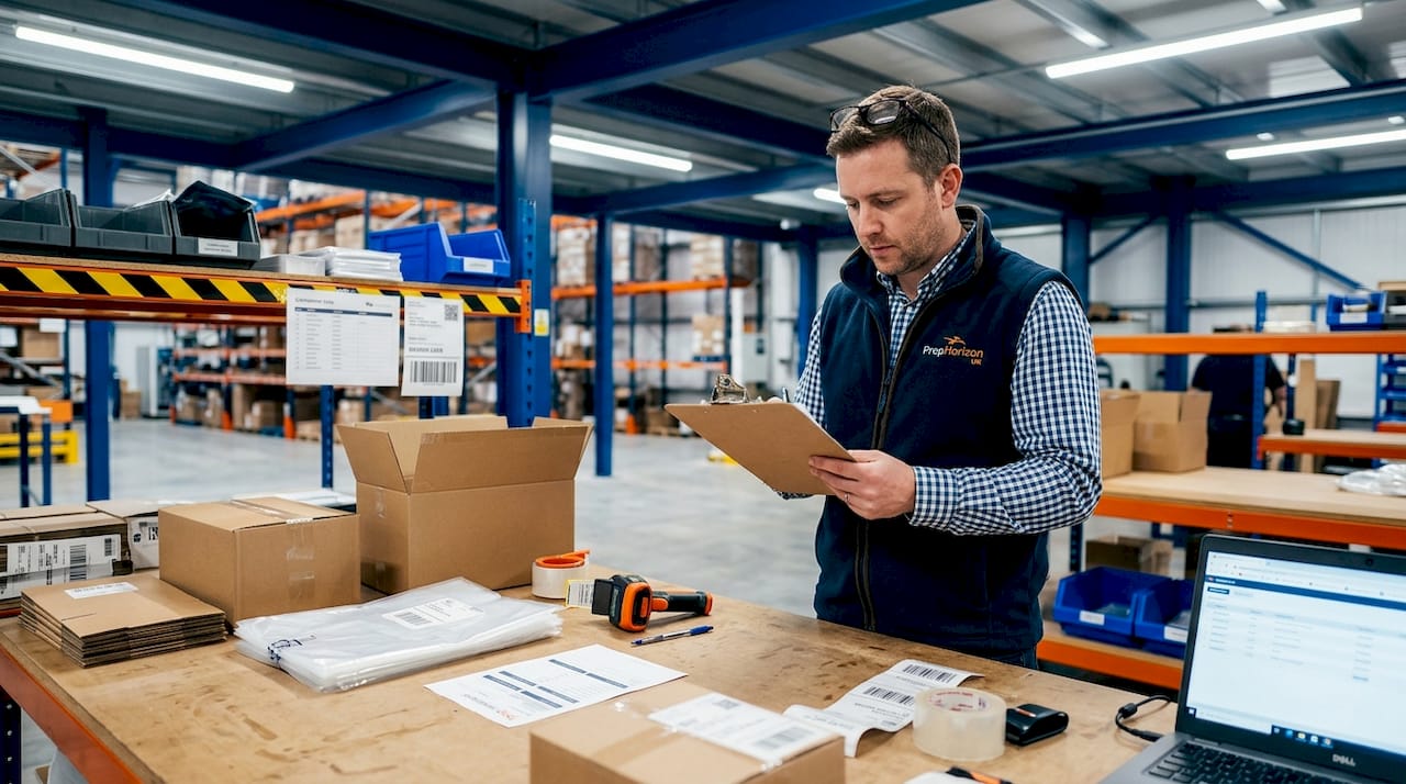 Warehouse manager checking FBA packing table