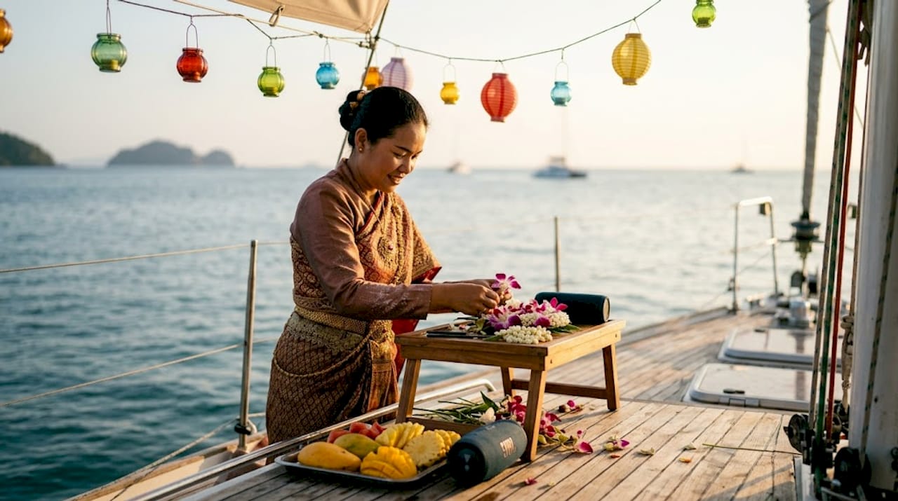 Thai entertainer preparing flowers on yacht