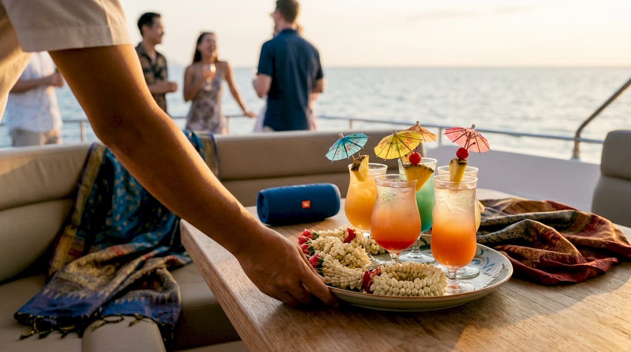 Tropical cocktails and Thai décor on yacht table