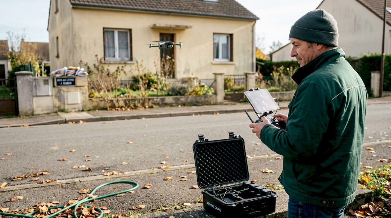 Un pilote de drone prend une photo en biais d’une maison