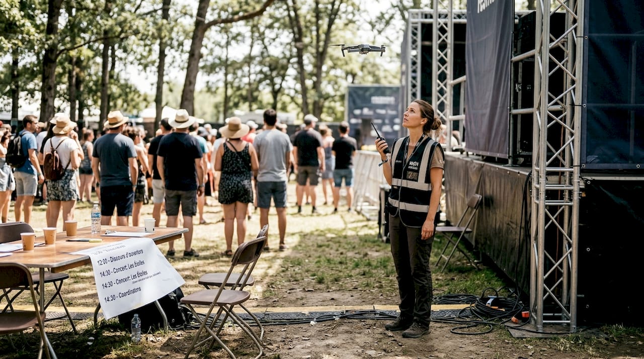 Vue aérienne en plongée oblique d’un festival capturée par un drone