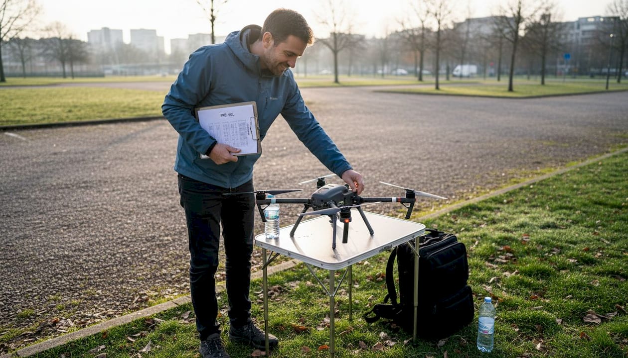 Un pilote de drone en train de préparer son matériel dans un parc en ville.