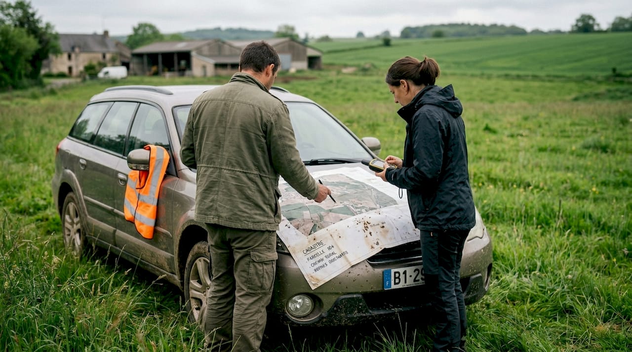 Équipe de relevé sur le terrain utilisant un drone pour réaliser des orthophotos et un GPS pour la précision des mesures.