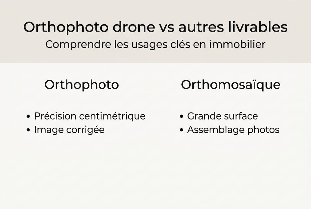 Infographie illustrant les différences entre orthophoto et orthomosaïque réalisées par drone