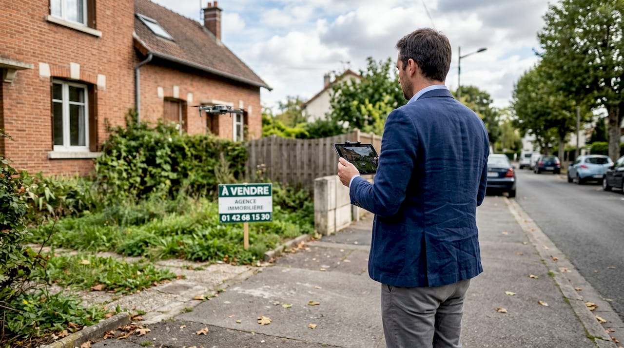 Un agent immobilier survole un quartier résidentiel avec un drone pour mettre en valeur les maisons à vendre.